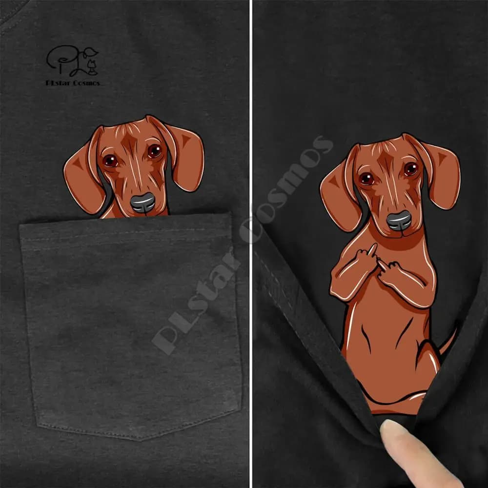 DachshundMiddleHand In Pocket T Shirt Dog Lovers Black Cotton Men Made in USA Cartoon t shirt men Unisex New Fashion tshirt