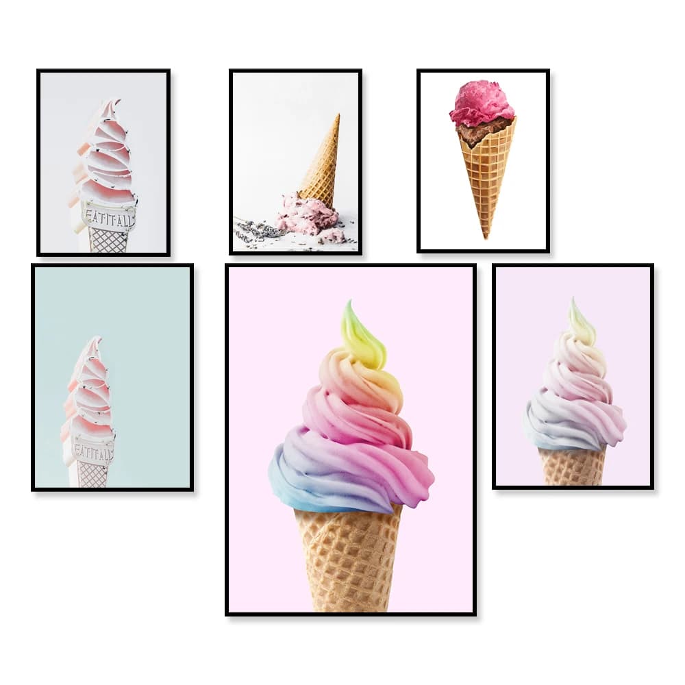Rainbow ice cream print, ice cream cone soft wall print retro logo poster summer decoration poster