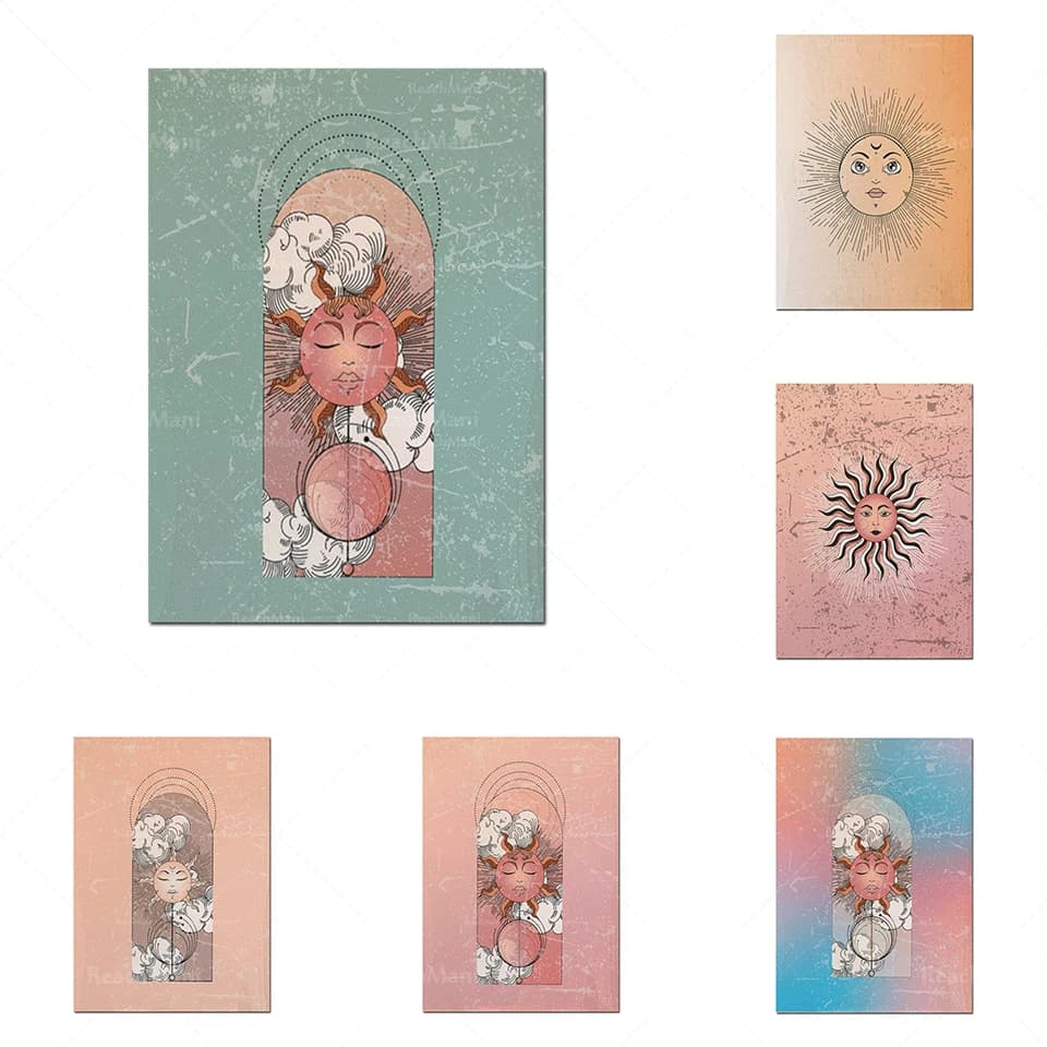 70s home decor, sun art retro poster, sun art, bohemian style home decor poster