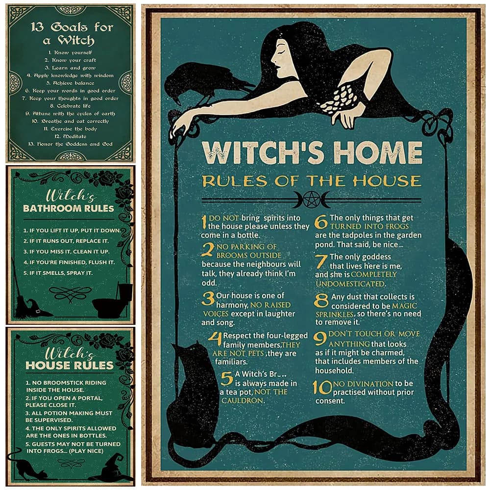 Witch Rules Wall Art Canvas Painting Retro Green Witch House Rules Poster And Prints Witch Bathroom Rules Decoration Art Prins