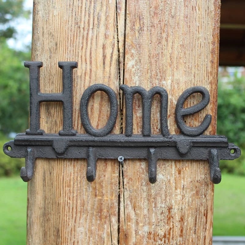 European Farm House Accents Handmade Antique Black Home Letters Signs Cast Iron Wall Mounted Hook With Four Hangers Metal Racks