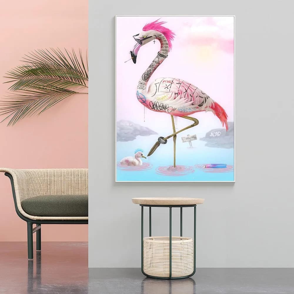 Graffiti Animal Canvas Painting Funny Punk Flamingo Posters and Pictures Wall Art Canvas Prints For Living Room Decoration Mural