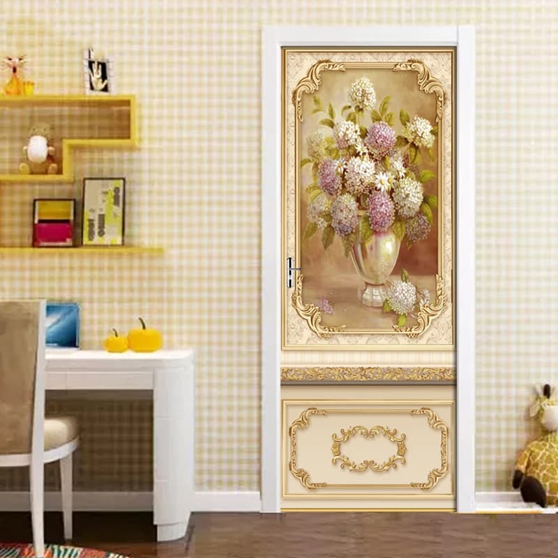 3D Beautiful Golden Flowers Door Sticker For Living Room Bedroom DIY PVC Self Adhesive Wallpaper Waterproof Mural Decals Poster