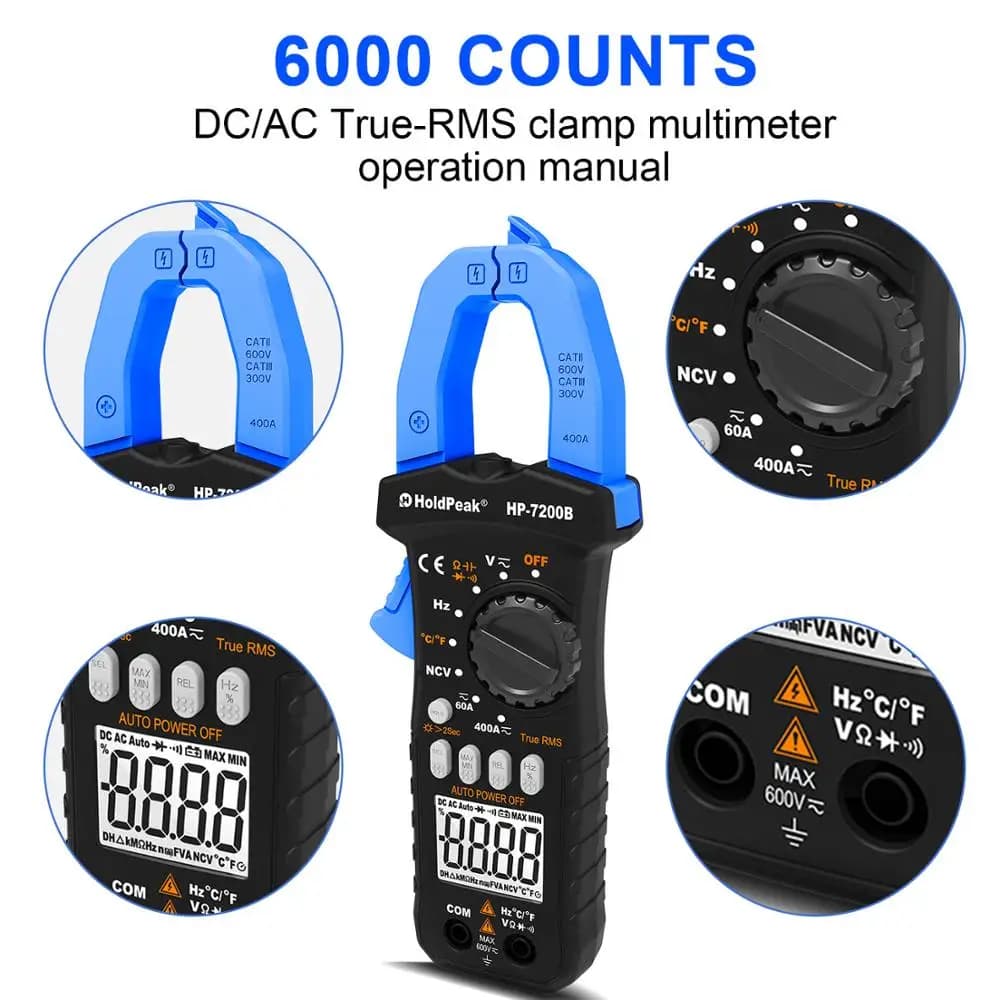 HoldPeak HP-7200B Digital Clamp Meter, 6000 Counts Multimeter Meters Temp Tester ACV DCV Current True RMS Meter Auto NCV