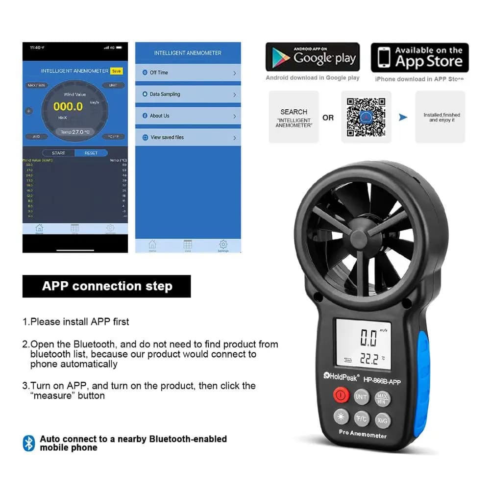 HoldPeak HP-866B-APP 0.3~30m/s Digital Anemometer With Mobile APP Wind Speed Meter Measures Temperature Wind Chill Backlight