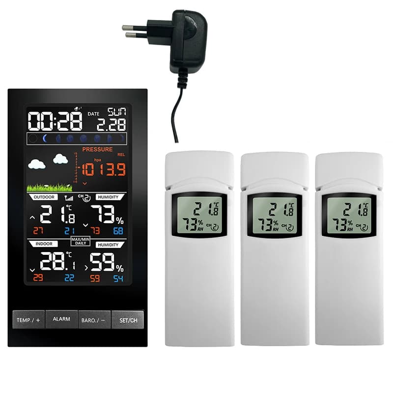 Digital Alarm Wall Clock with Weather Station Indoor Temperature Humidity Pressure And Wind Weather Forecast 3 Outdoor Sensors