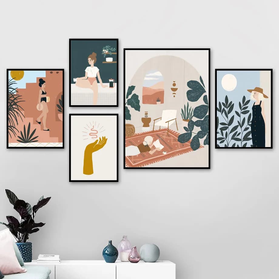 Fashion Vintage Girl Plant Life illustration Wall Art Canvas Painting Nordic Posters Prints Wall Picture For Living Room Decor