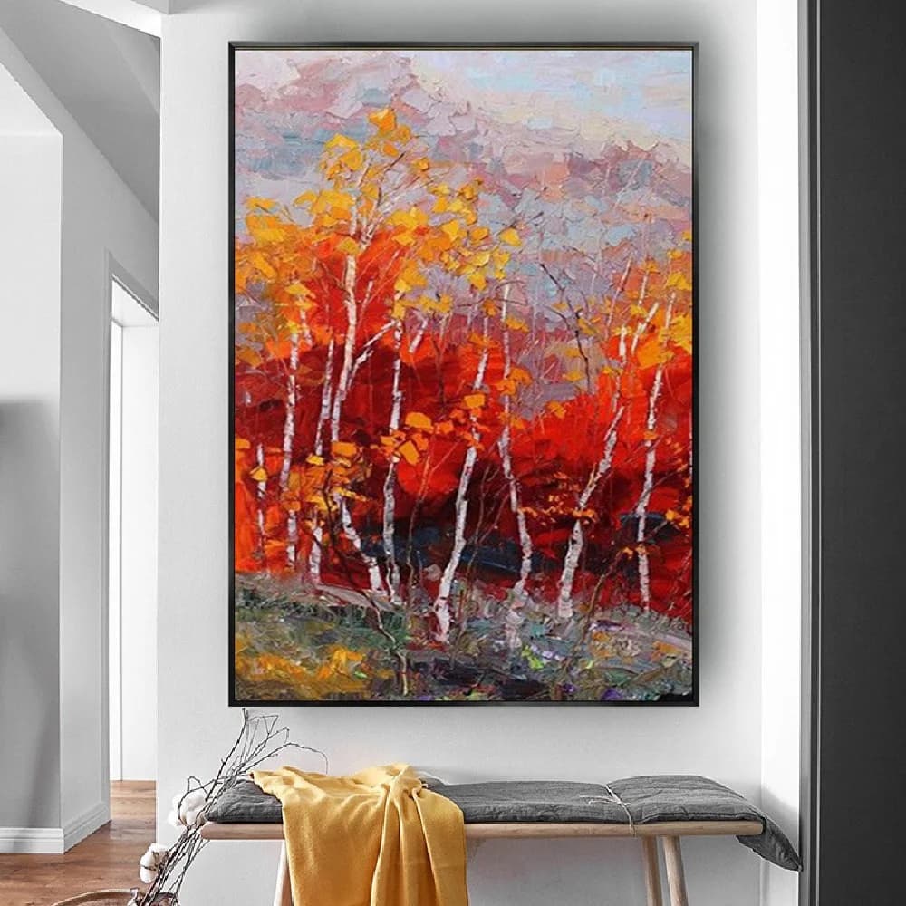 Palette Knife Maple Tree Fire Red Forest Landscape Hand Painted Oil Painting On Canvas Abstract Knife Wall Art Nordic Home Decor