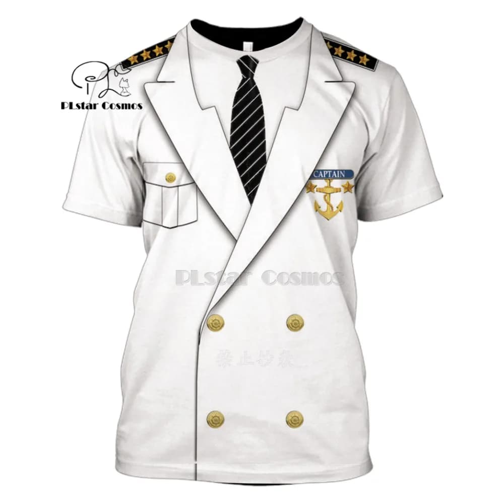 Unisex Captain Costume anime Cosplay T-Shirts Prisoner Clown Tuxedo Tee Man Cowboy Pirate Clown Pilot Uniform Police Carnival