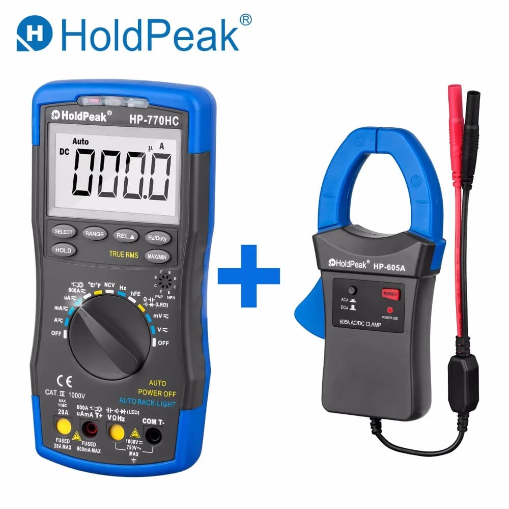 HoldPeak-HP-770HC Digital Multimeter Tester, True RMS Smart Autoranging Probe 600A AC/DC with NCV + HP-605A Clamp Adapter Tool