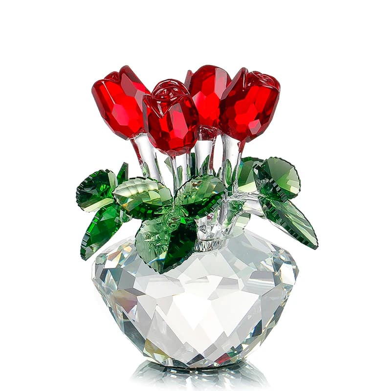 Souvenir Gift Crystal Red Rose Flower Figurine Spring Bouquet Sculpture Ornaments Gift-Boxed Home Wedding Decor Favors