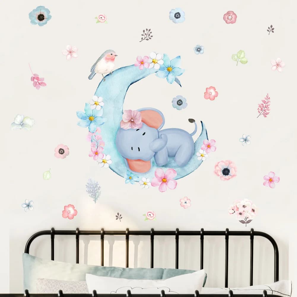 Baby Elephant On The Moon Wall Sticker Kids Room Bedroom Background Decor Decals Cartoon Pattern Home Decoration Removable Mural