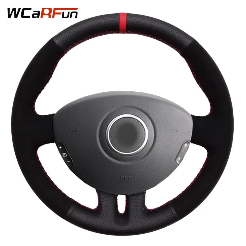WCaRFun Black Leather Suede Red Marker Car Steering Wheel Cover for Renault Clio 3 2005-2013 Clio dynamics 2008 clio mk 3 2010