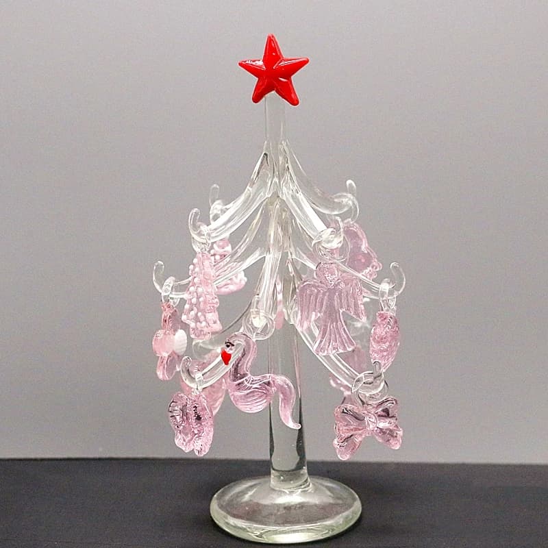 Clear Glass Christmas Tree Figurine Ornaments And 12 Pink Mini Cute Pendants for Home Tabletop Decor Festival Favors Xmas Gifts