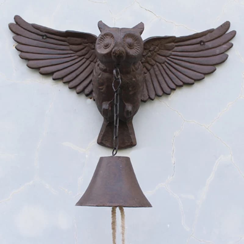 Vintage Rustic Large Owl Wall Bell Hand Cranked Metal Farmhouse Style Handmade Cast Iron Welcome Door Bell For Home Decor