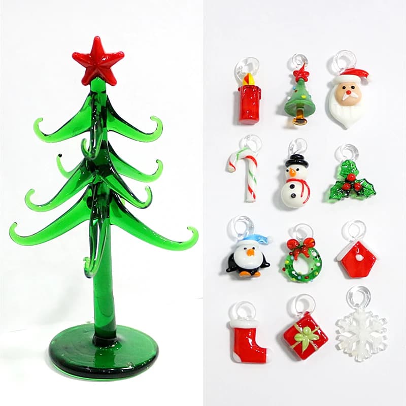 Custom Handmade Glass Christmas Tree Craft Figurines Ornaments Creative Xmas Decoration With 12pcs Cute Mini Pendant Accessories