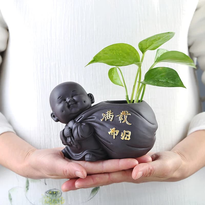 1PCS Ceramic Tea pet Small Buddha Statue Monk Figurine Ornaments Desktop Flower Pot Purple Ceramic Decoration Tea  Accessories