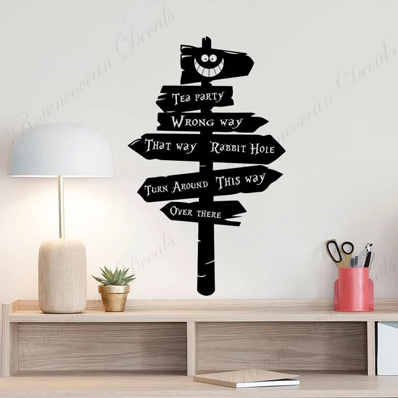 Cartoon Road Sign Wall Decal Alice In Wonderland Tea Party Rabbit Vinyl Home Decor Kids Room Nursery Sticker Door Mural S042