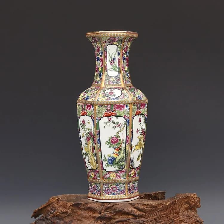 Antique Enamel Vase Porcelain Hexagonal Vase Collection of Ancient Porcelain Made in Qianlong Dynasty