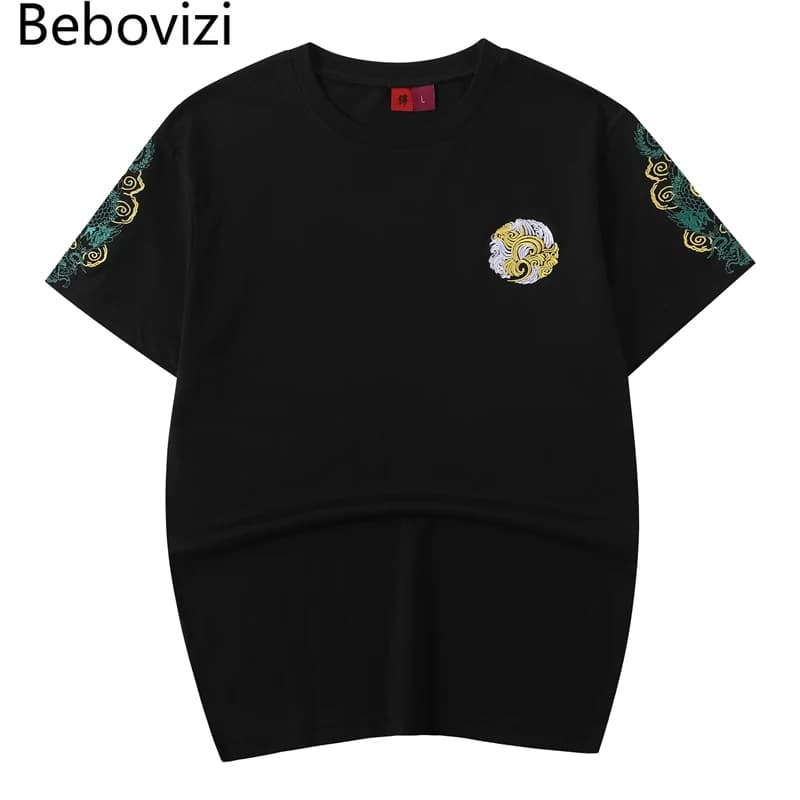 Bebovizi Chinese Style Green Dragon Embroidery Tshirt Men Streetwear Harajuku T-Shirt Summer Japan Black Short Sleeve T Shirt