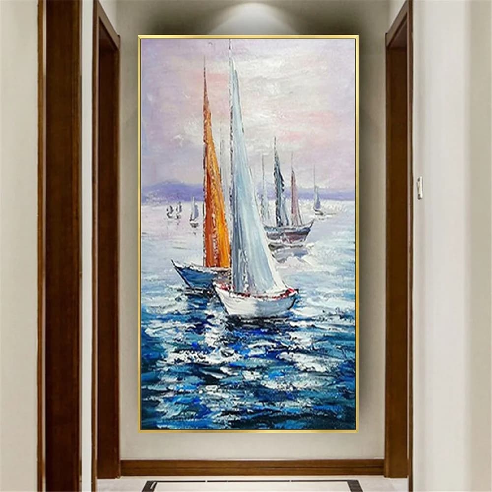 Nordic Hand-Painted Oil Painting Abstract Seascape Sailboat Picture Modern Texture Canvas Paintings Decor Living Room Wall Art