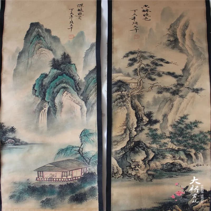China Old Scroll Painting Four Screen Paintings Middle Hall Hanging Painting Zhang Daqian's Landscape Painting