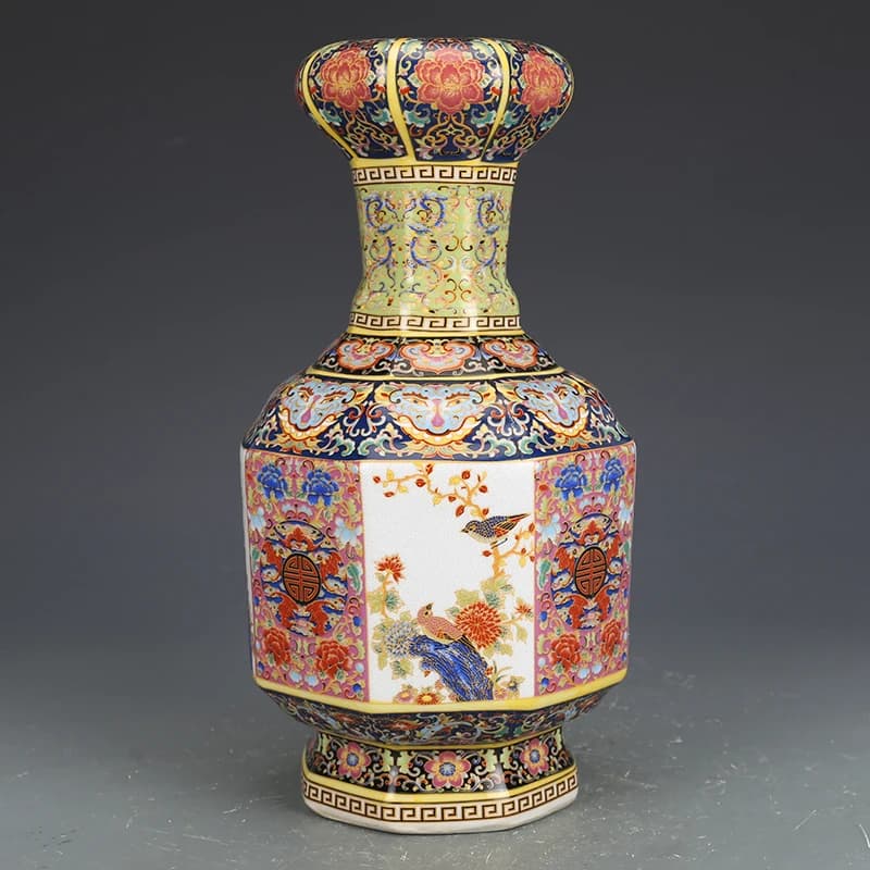 Qing Yong Zheng Antique Ceramic Vase Enamel With Flower Birds Pattern Old Ancient Porcelain Offcial Kiln