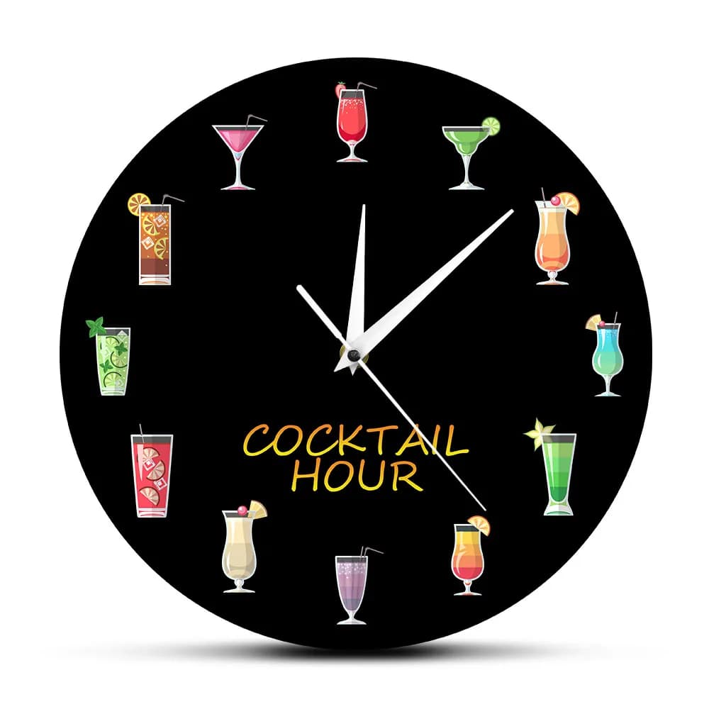 Colorful Alcohol Cocktail Hour Printed Wall Clock Drinking Alcohol Bar Pub Sign Hanging Wall Watch for Kitchen Club Home Decor