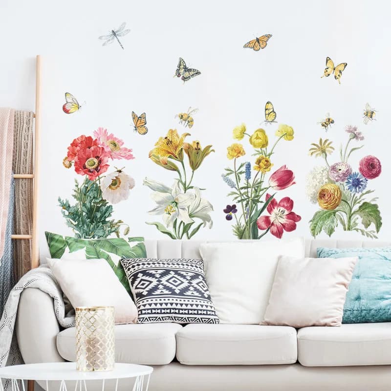 Colored Flowers Butterflies Wall Sticker For Living Room Sofa Background Decoration Decals Bedroom Mural Plant Beautify Paster