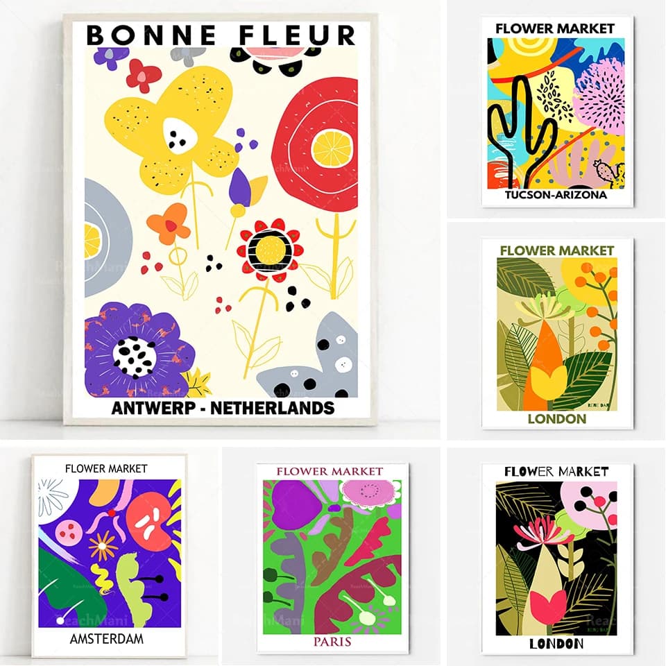 Affiches imprimées fleuries, affiches d'exposition, illustrations, affiches marché aux fleurs, art mural, décoration imprimée mo