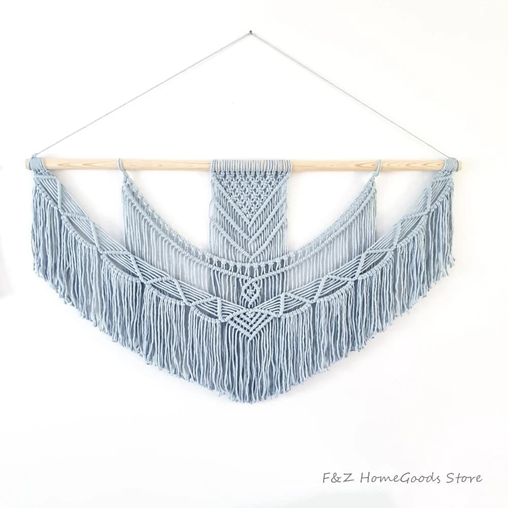 Grey Hand Woven Macrame Wall Hanging Tapestry Gorgeous Chic Bohemian For Home House Decor Living Room Apartment Dorm Decoration