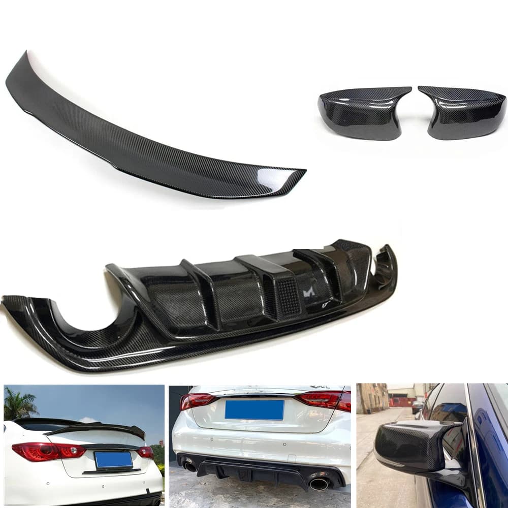 For Infiniti Q50 2014-2017 Carbon Fiber Rear Diffuser Bumper Lip W/ Light+Rear View Mirror Cover+Trunk Lid Spoiler Wing Splitter
