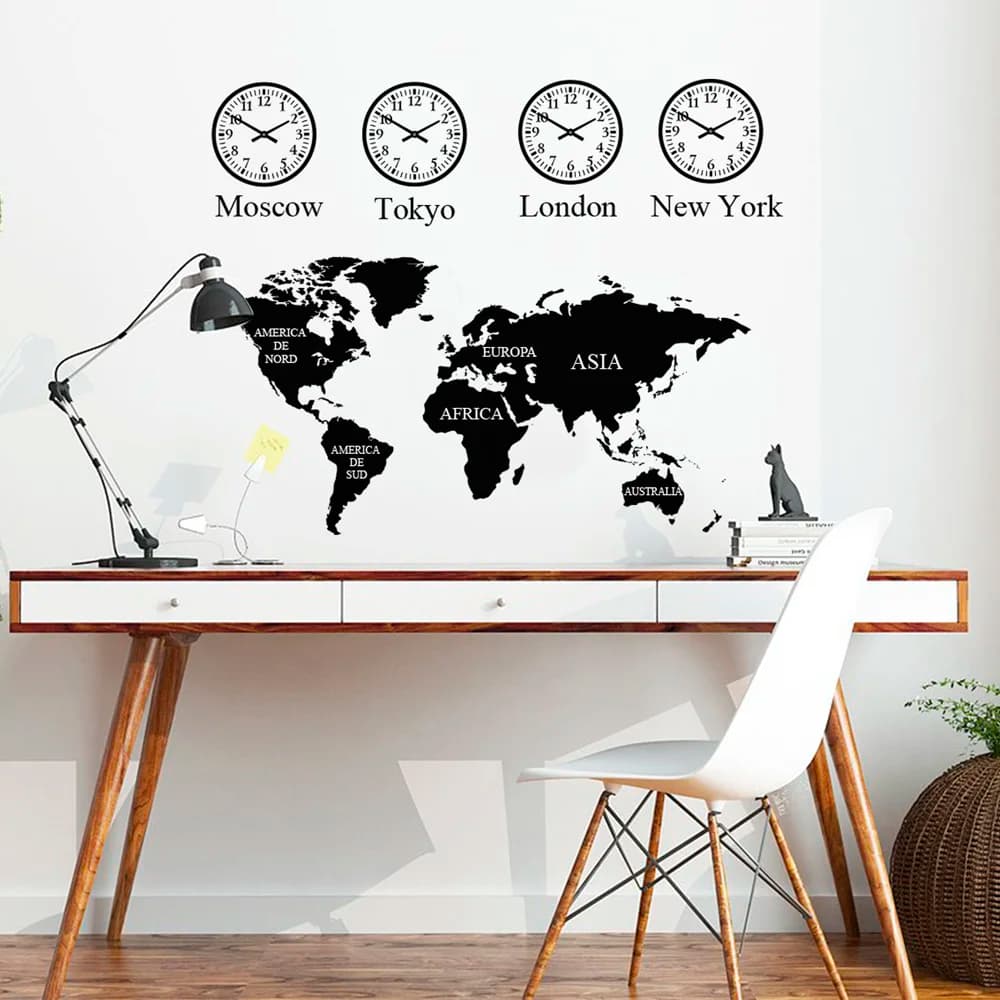 New Clock World map DIY Wall sticker Office Vinyl wall decal Home Decor Mural For Bedroom Living room study Art Stickers G27