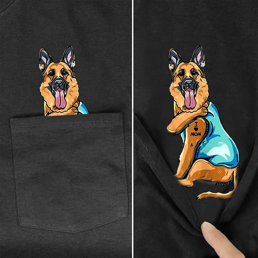 CLOOCL Cotton T-Shirts Fashion Pocket German Shepherd I Love Mom for Dog Lover 3D Printed TShirts Hip Hop Tops Funny Cotton Tees