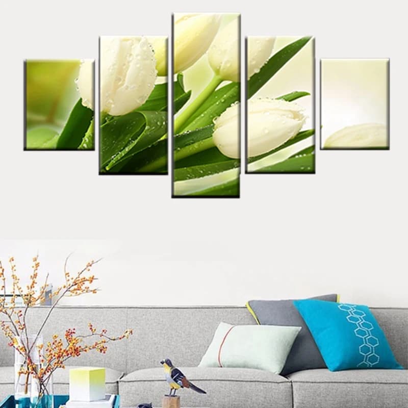 HD Print Picture 5 Pieces White Tulip Flower Nordic Poster Living Room Wall Art Canvas Painting Modular Home Decor Frame
