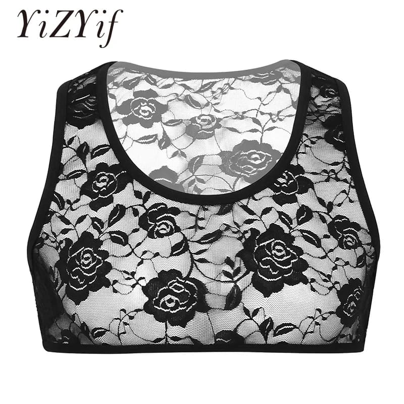 Lingerie Mens Crop Tops Sissy See Through Sheer tank top men Deep U Neck Sleeveless Stretchy Floral Lace Short Vest Sleepwear