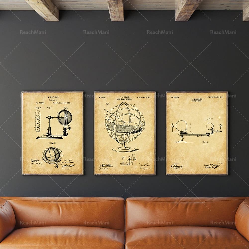 Astronomy patent set 3 pieces, planetarium, solar system armillary sphere, astronomical ball poster print