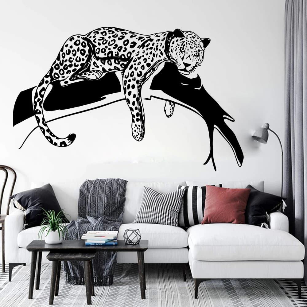 Cartoon Leopard In A Tree Wall Sticker Kids Teen Room Jungle Animal Tiger Cat Branch Wall Decal Playroom Vinyl Home Decor