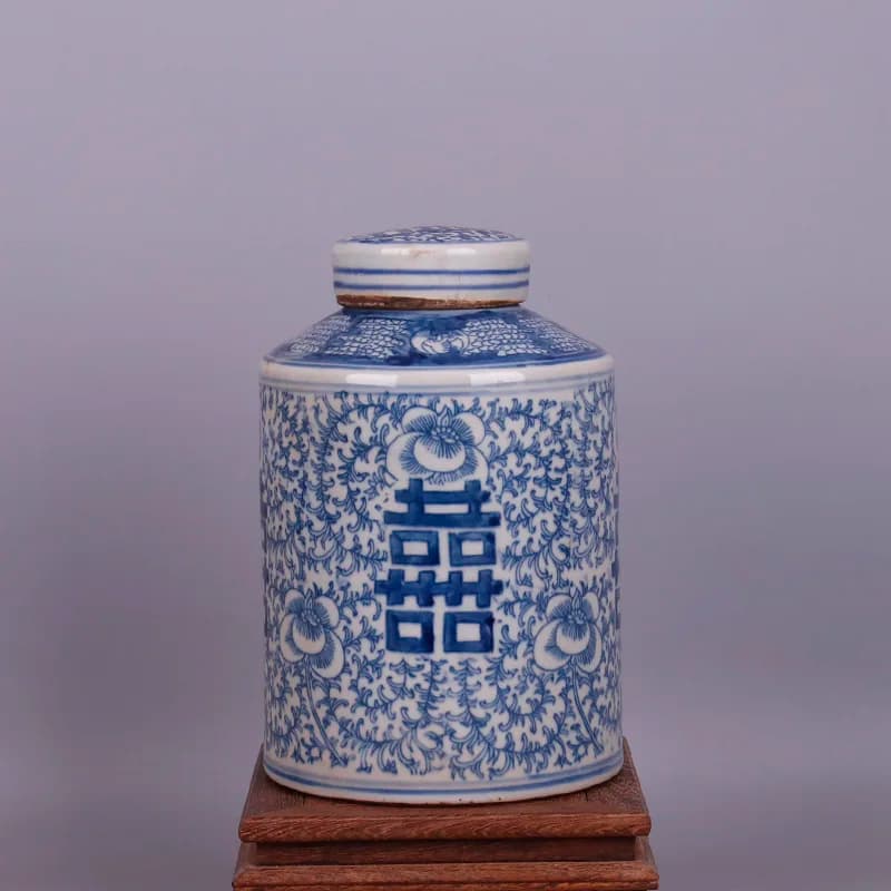 Blue And White Four Happiness Character Pattern Tea Jar Antique Ornaments Porcelain Jingdezhen Tea Caddy Collection