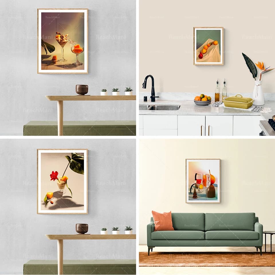 Tirages de nature morte de fruits, nature morte de cocktail, art mural de photographie alimentaire, tirages de fruits, feuilles
