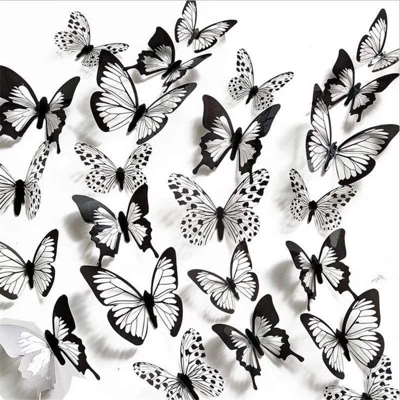 12PCS 3D Black & White Butterfly Wall Stickers Set Fridge Door Decor Simulation Pattern Living Room Decorative Mural