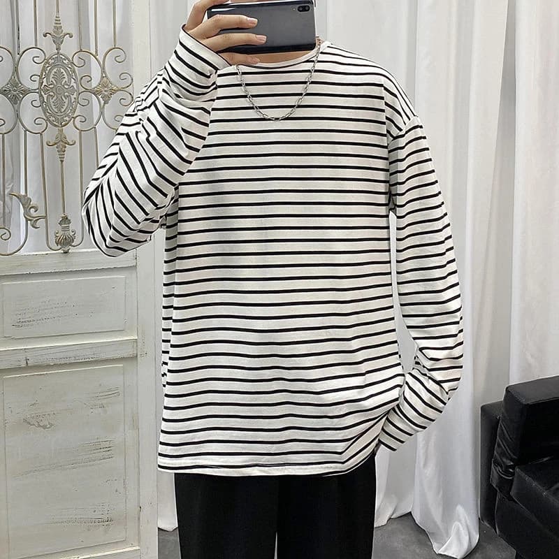 Fashion Branded Casual Striped Long Sleeve Men Tshirts Autumn Korean Style Harajuku Top Oversized White Black Streetwear Clothes