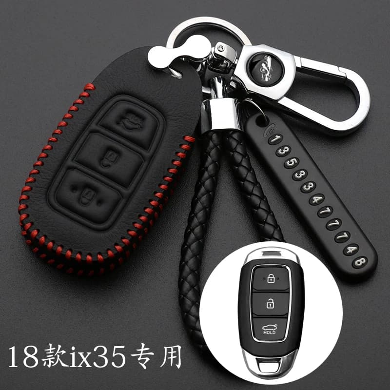 Leather Car Key Case For Hyundai Elantra GT Kona 2018 2019 Santa Fe Veloster Smart Remote Fob Cover Protector Keys Bag