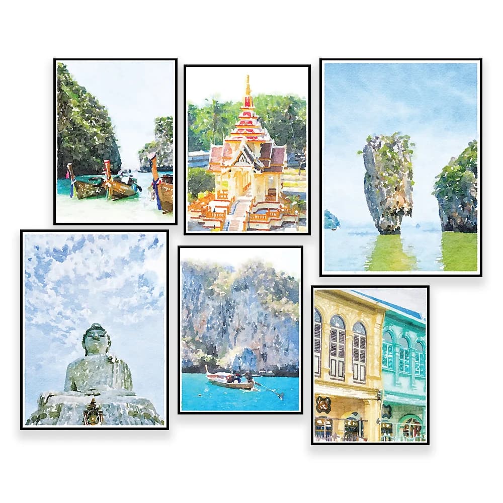 Phuket Thailand  Digital Wall Art Prints, Phi Phi Islands Beach, Phang Nga Bay, James Bond Island, Fishing Boats, Temple