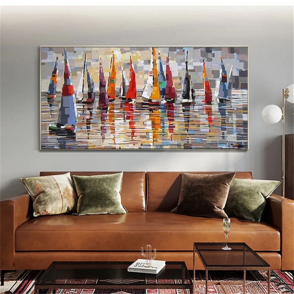 Mediterranean Seascape Wall Paint Hand-Painted Oil Painting Abstract Canvas Picture Color Sailing Boat In Home Room Decor Art