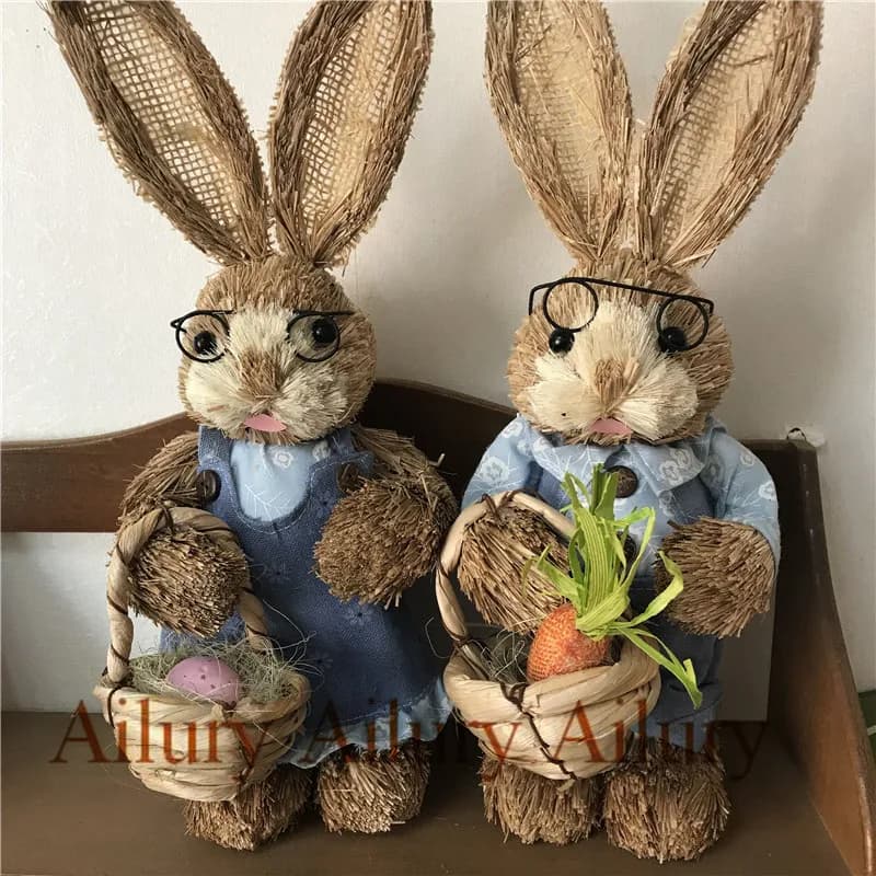 Straw Rabbit Greeting,H33cm,Wedding Decor,Window Oranment.Photography Props,Xmas,Desktop Bunny Easter Handicraft,Pastoral