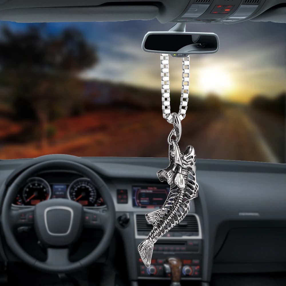 Car Pendant Go Fishing Ornaments Catch the Fish Skeleton Rearview Mirror Decoration Hanging Automobiles Decor Accessories Gifts