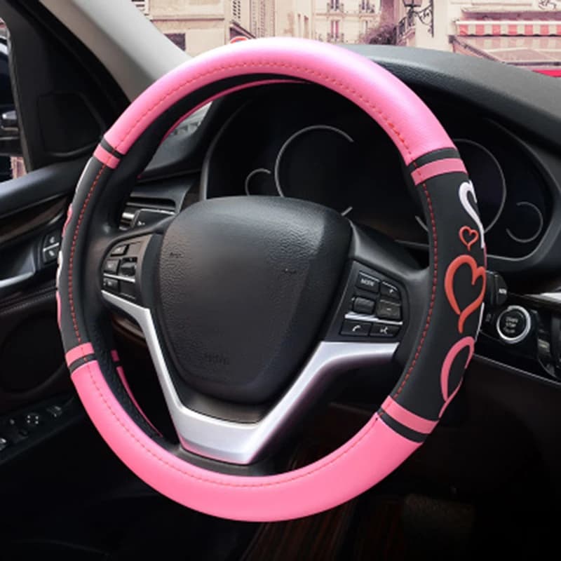Cartoon Heart Steering Wheel Covers Microfeiber Leather Car Accessories For Girls Pink Cute Steering-Wheel Handle Case Accessory