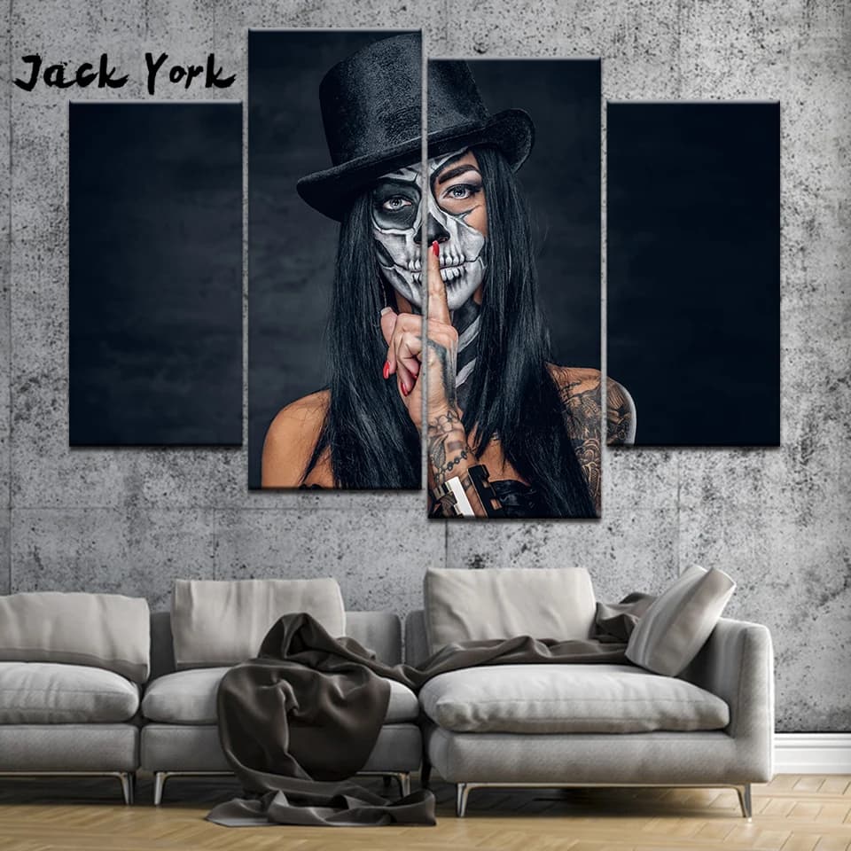 Canvas Painting girl skull tattoos 4 Pieces Wall Art Painting Modular Wallpapers Poster Print Home Decor