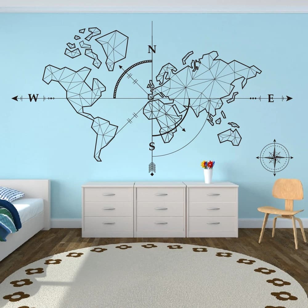 Large World Map Compass Earth Wall Sticker Office Classroom World Map Travel Global Exploration Adventure Wall Decal Vinyl Decor